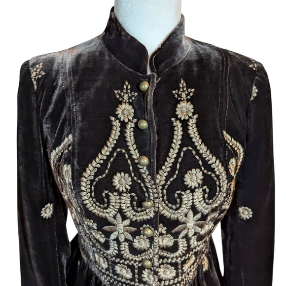 People Like Frank Anthropologie Brown Peplem Velvet Blazer Gold Embroidery Sz XS - Picture 2 of 14